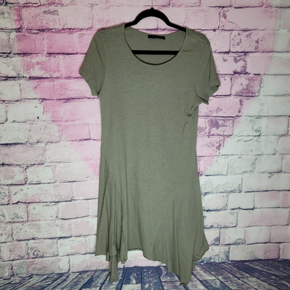 ALL SAINTS ELLA FIFI TEE DRESS 100% COTTON ARMY OLIVE GREEN ASYMMETRICAL HEM M